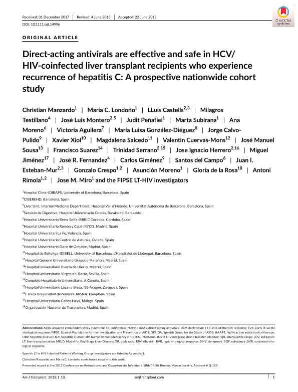 Direct-acting antivirals are effective and safe in HCV/HIV-coinfected liver transplant recipients who experience recurrence of hepatitis C: A prospective nationwide cohort study.