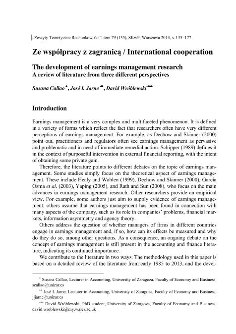 The development of earnings management research. Review of literature from three different perspectives