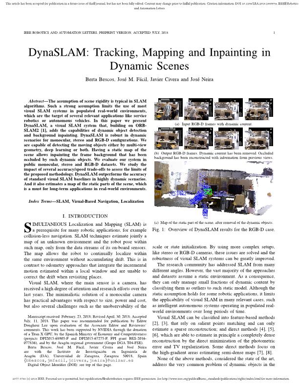 DynaSLAM: Tracking, Mapping and Inpainting in Dynamic Scenes