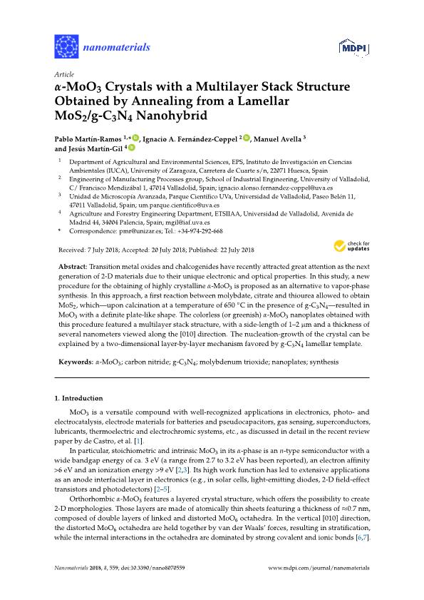 a-MoO3 Crystals with a Multilayer Stack Structure Obtained by Annealing from a Lamellar MoS2/g-C3N4 Nanohybrid