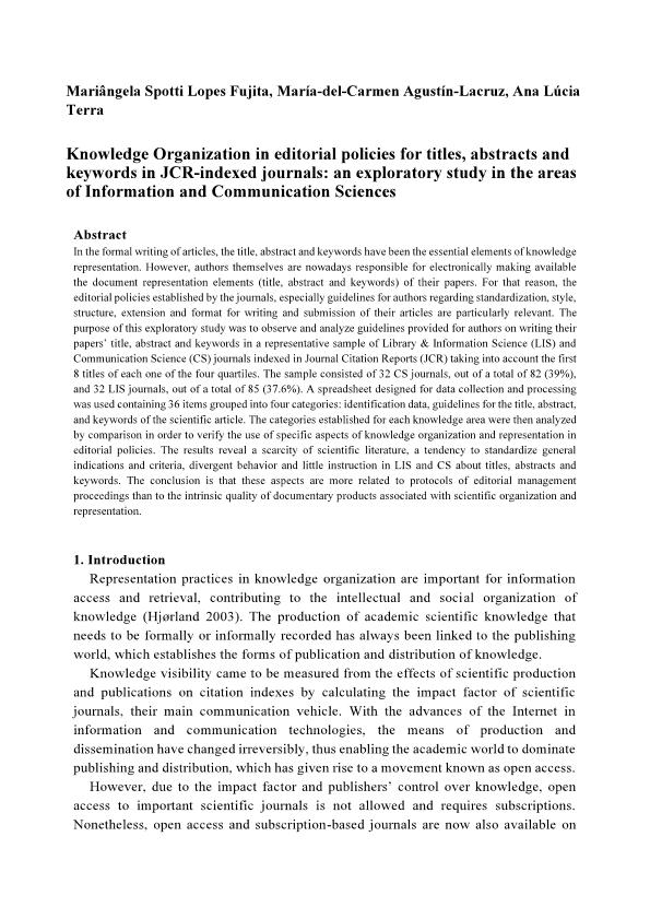 Knowledge Organization in editorial policies for titles, abstracts and keywords in JCR-indexed journals: an exploratory study in the areas of Information and Communication Sciences