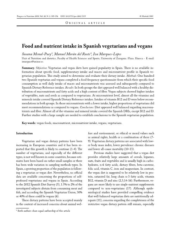 Food and nutrient intake in Spanish vegetarians and vegans