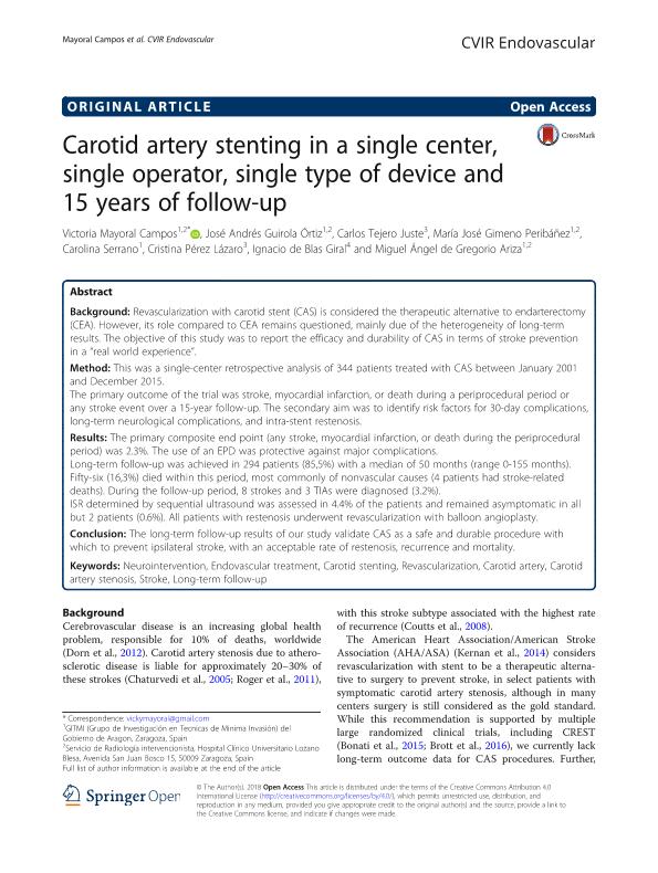 Carotid artery stenting in a single center, single operator, single type of device and 15 years of follow-up
