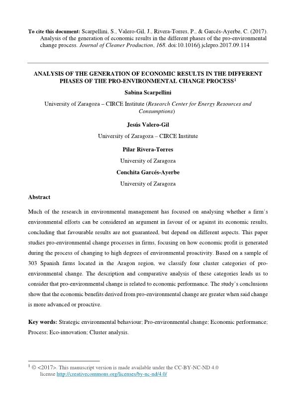 Analysis of the generation of economic results in the different phases of the pro-environmental change process