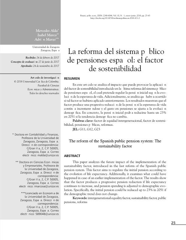 La reforma del sistema público de pensiones español: El factor de sostenibilidad