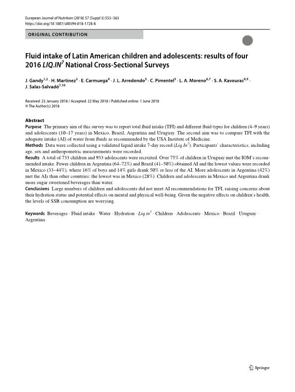 Fluid intake of Latin American children and adolescents: results of four 2016 LIQ.IN 7 National Cross-Sectional Surveys