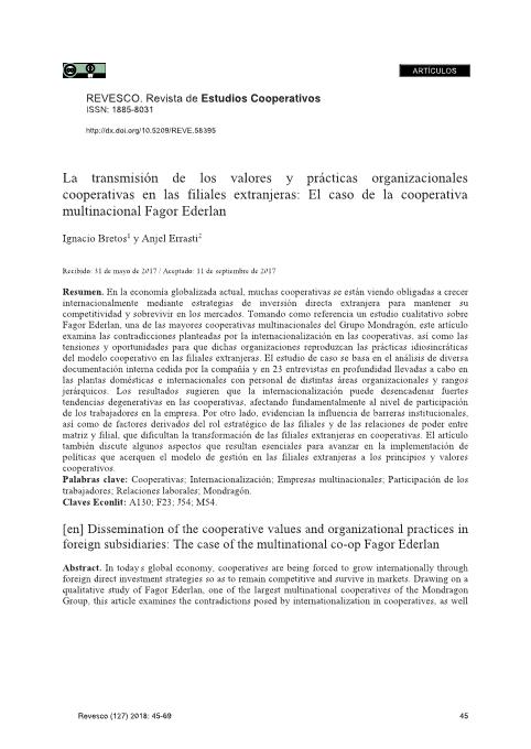 La transmisión de los valores y prácticas organizacionales cooperativas en las filiales extranjeras: El caso de la cooperativa multinacional Fagor Ederlan
