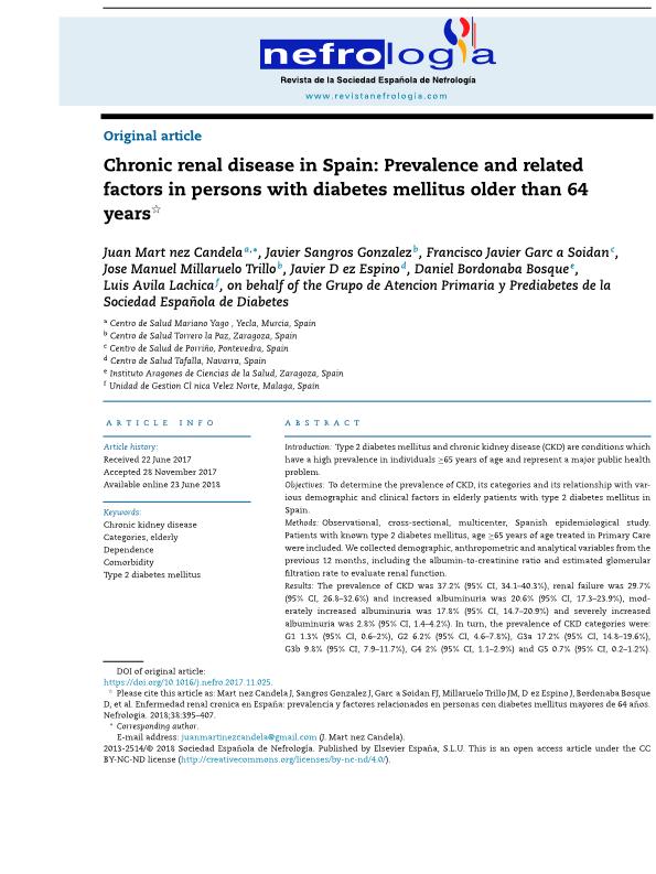 Chronic renal disease in Spain: Prevalence and related factors in persons with diabetes mellitus older than 64 years