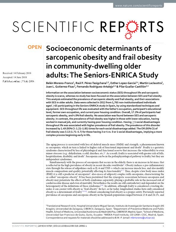 Socioeconomic determinants of sarcopenic obesity and frail obesity in community-dwelling older adults: The Seniors-ENRICA Study