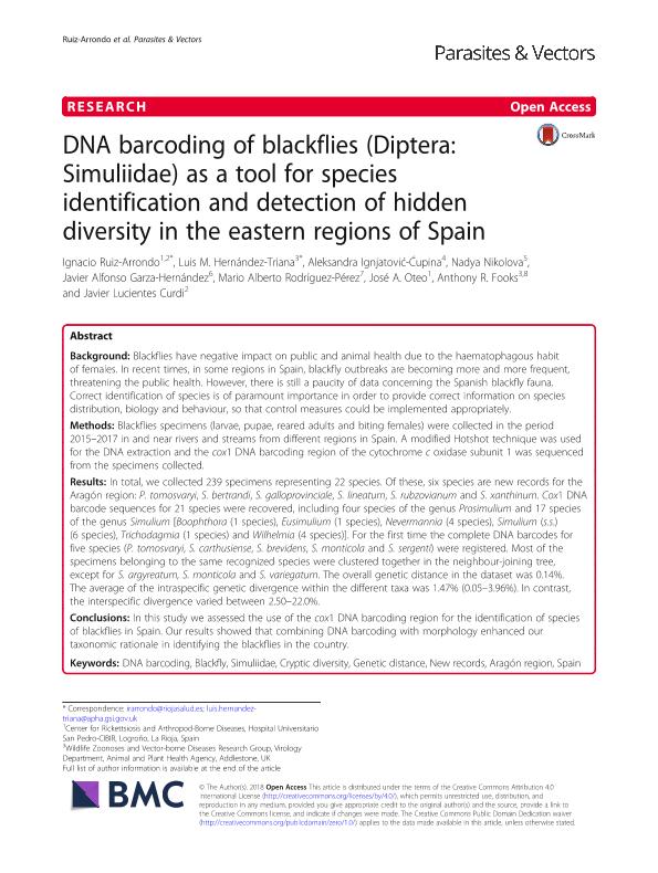 DNA barcoding of blackflies (Diptera: Simuliidae) as a tool for species identification and detection of hidden diversity in the eastern regions of Spain