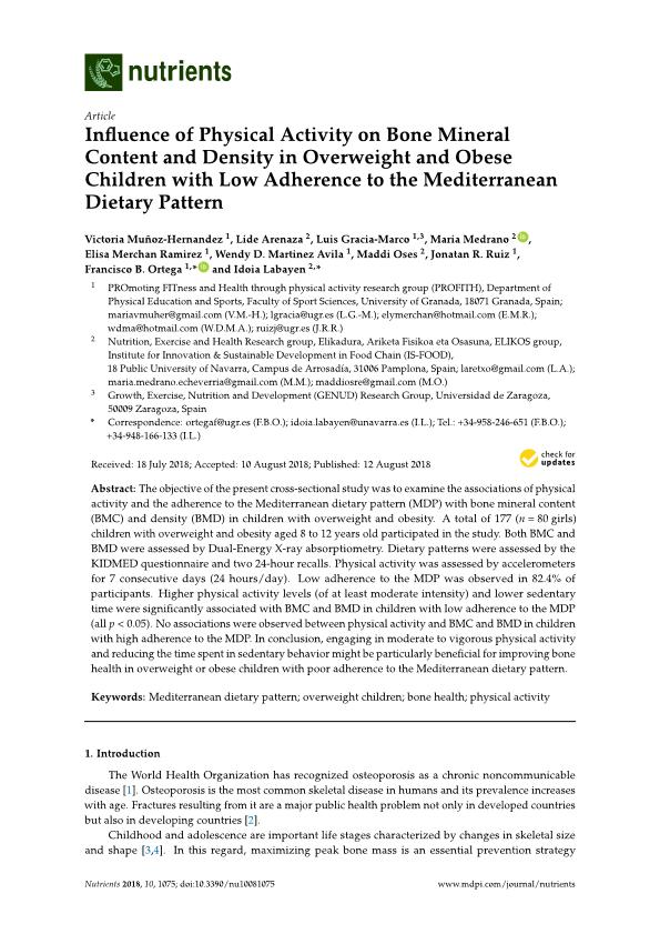 Influence of physical activity on bone mineral content and density in overweight and obese children with low adherence to the mediterranean dietary pattern