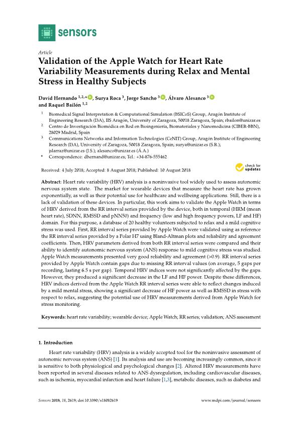 Validation of the apple watch for heart rate variability measurements during relax and mental stress in healthy subjects