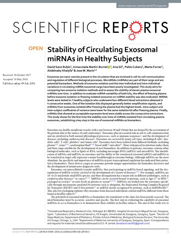 Stability of Circulating Exosomal miRNAs in Healthy Subjects article