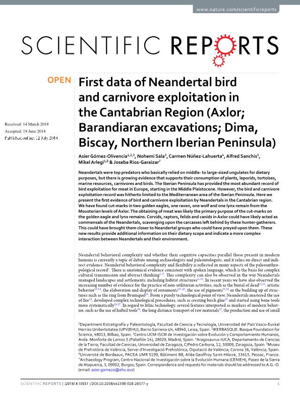 First data of Neandertal bird and carnivore exploitation in the Cantabrian Region (Axlor; Barandiaran excavations; Dima, Biscay, Northern Iberian Peninsula)