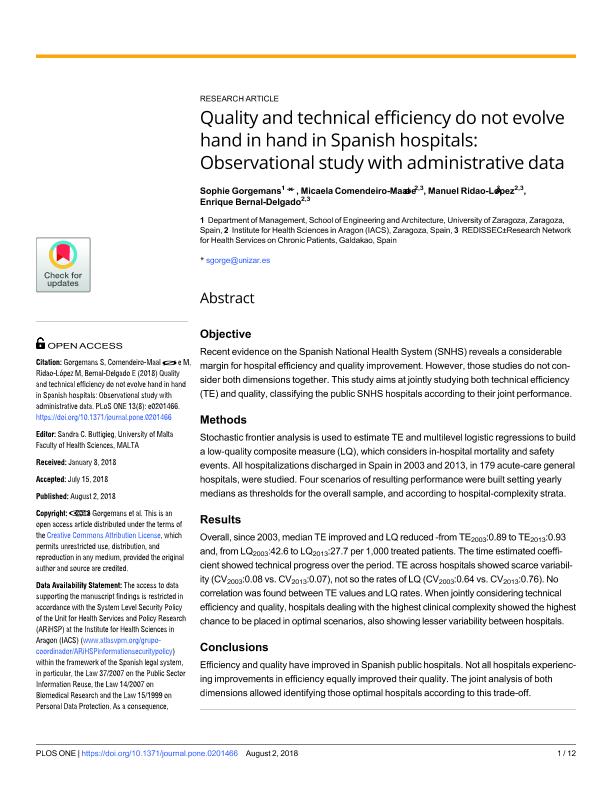 Quality and technical efficiency do not evolve hand in hand in Spanish hospitals: Observational study with administrative data