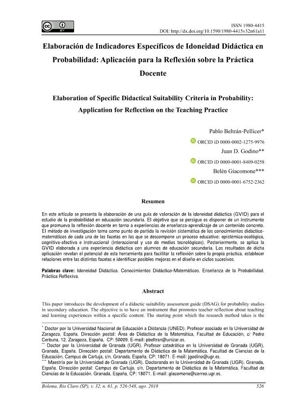 Elaboración de Indicadores Específicos de Idoneidad Didáctica en Probabilidad: Aplicación para la Reflexión sobre la Práctica Docente