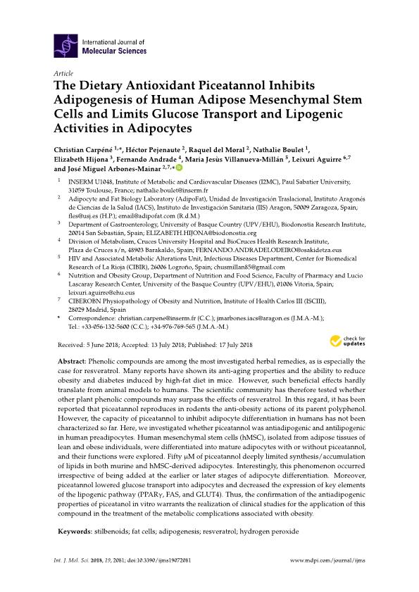The dietary antioxidant piceatannol inhibits adipogenesis of human adipose mesenchymal stem cells and limits glucose transport and lipogenic activities in adipocytes