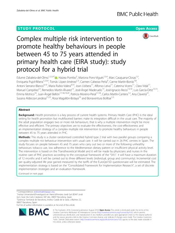 Complex multiple risk intervention to promote healthy behaviours in people between 45 to 75 years attended in primary health care (EIRA study): study protocol for a hybrid trial