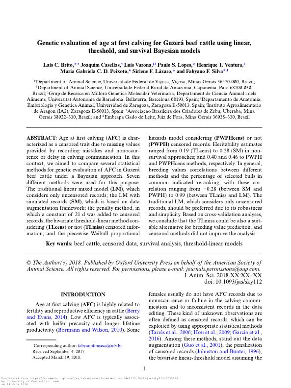 Genetic evaluation of age at first calving for Guzerá beef cattle using linear, threshold, and survival Bayesian models