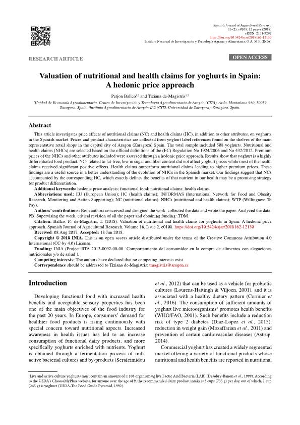 Valuation of nutritional and health claims for yoghurts in Spain: A hedonic price approach