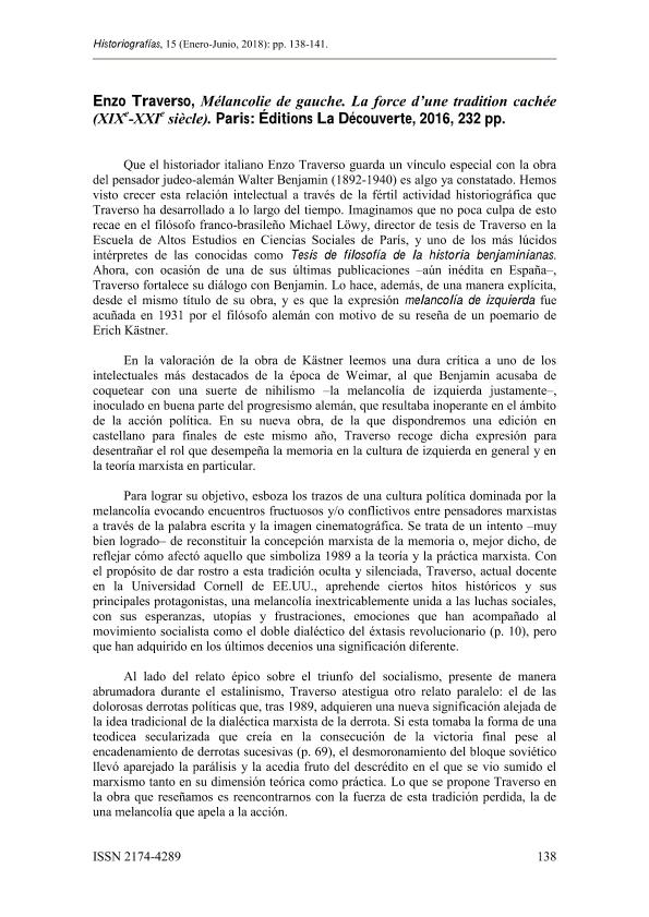 Enzo Traverso, Mélancolie de gauche. La force d’une tradition cachée (XIXe-XXIe siècle). Paris: Éditions La Découverte, 2016, 232 pp.