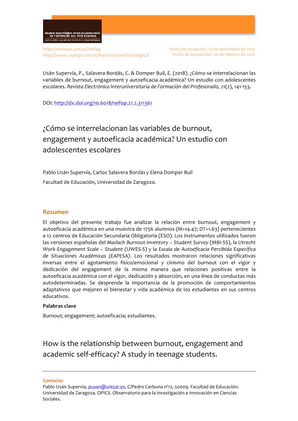 ¿Cómo se interrelacionan las variables de burnout, engagement y autoeficacia académica? Un estudio con adolescentes escolares