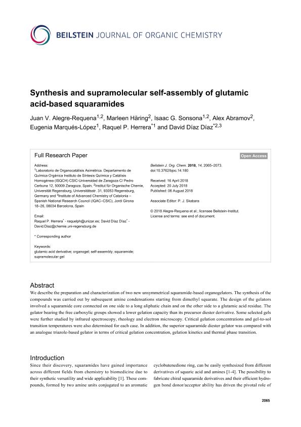 Synthesis and supramolecular self-assembly of glutamic acid-based squaramides