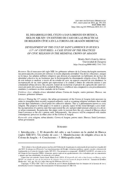 El desarrollo del culto a san Lorenzo en Huesca, siglos XIII-XIV: un estudio de caso de las prácticas de religión cívica en la Corona de Aragón medieval