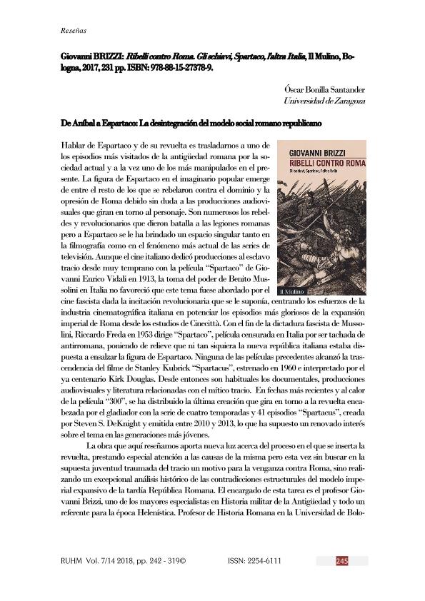 Giovanni BRIZZI: Ribelli contro Roma. Gli schiavi, Spartaco, l'altra Italia, Il Mu-lino, Bologna, 2017, 231 pp.