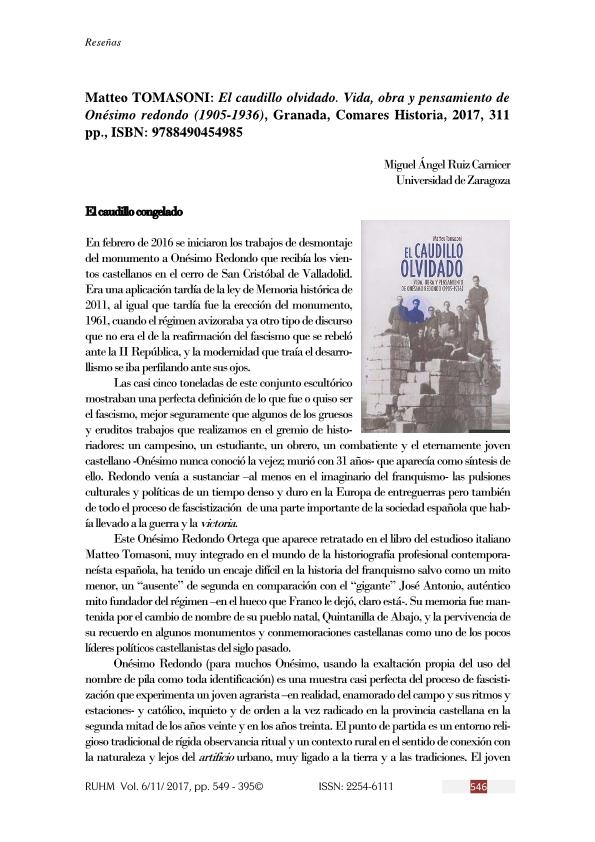 Matteo TOMASONI: El caudillo olvidado. Vida, obra y pensamiento de Onésimo redondo (1905-1936), Granada, Comares Historia, 2017, 311 pp.