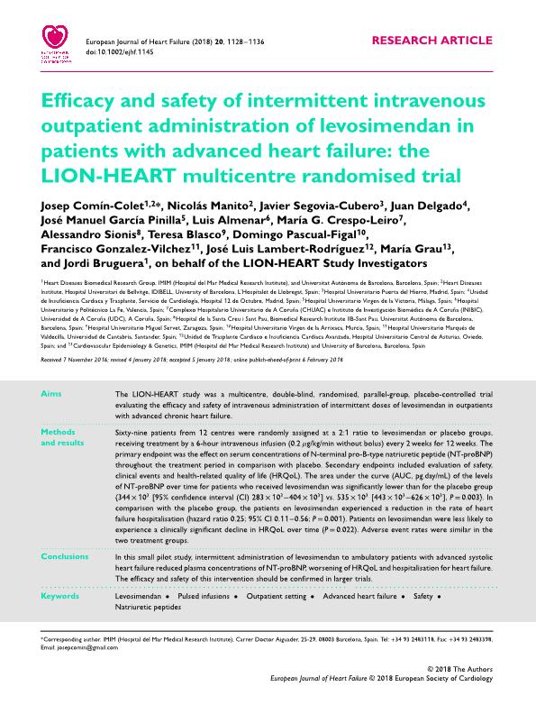 Efficacy and safety of intermittent intravenous outpatient administration of levosimendan in patients with advanced heart failure: the LION-HEART multicentre randomised trial