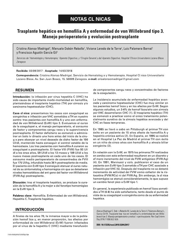 Trasplante hepático en hemofilia A y enfermedad de von Willebrand tipo 3. Manejo perioperatorio y evolución postrasplante