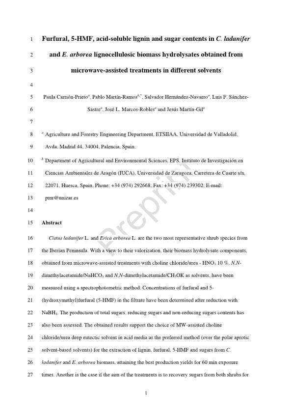Furfural, 5-HMF, acid-soluble lignin and sugar contents in C. ladanifer and E. arborea lignocellulosic biomass hydrolysates obtained from microwave-assisted treatments in different solvents