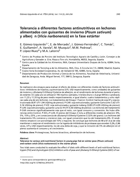 Tolerancia a diferentes factores antinutritivos en lechones alimentados con guisantes de invierno (Pisum sativum) y alberjón (Vicia narbonensis) en la fase estárter