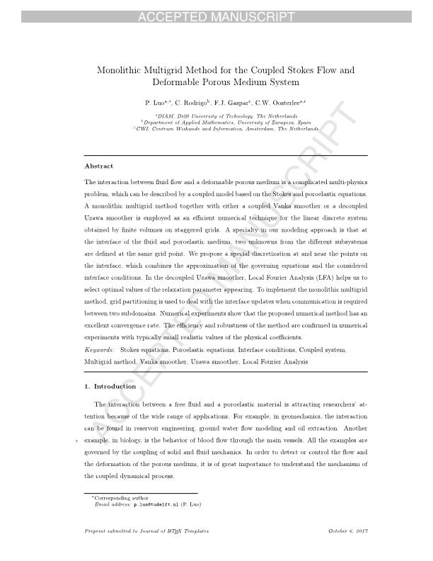 Monolithic multigrid method for the coupled stokes flow and deformable porous medium system