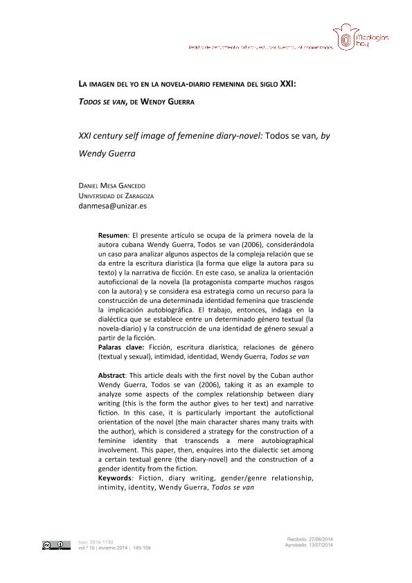 La imagen del yo en la novela-diario femenina del siglo XXI: Todos se van, de Wendy Guerra