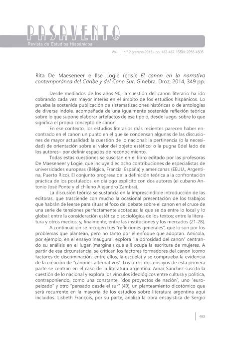 Rita De Maeseneer e Ilse Logie (eds.): El canon en la narrativa contemporánea del Caribe y del Cono Sur. Ginebra, Droz, 2014, 349 pp.