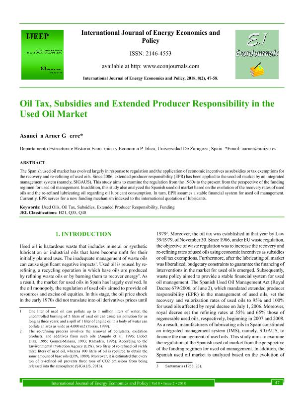 Oil tax, subsidies and extended producer responsability in the used oil market