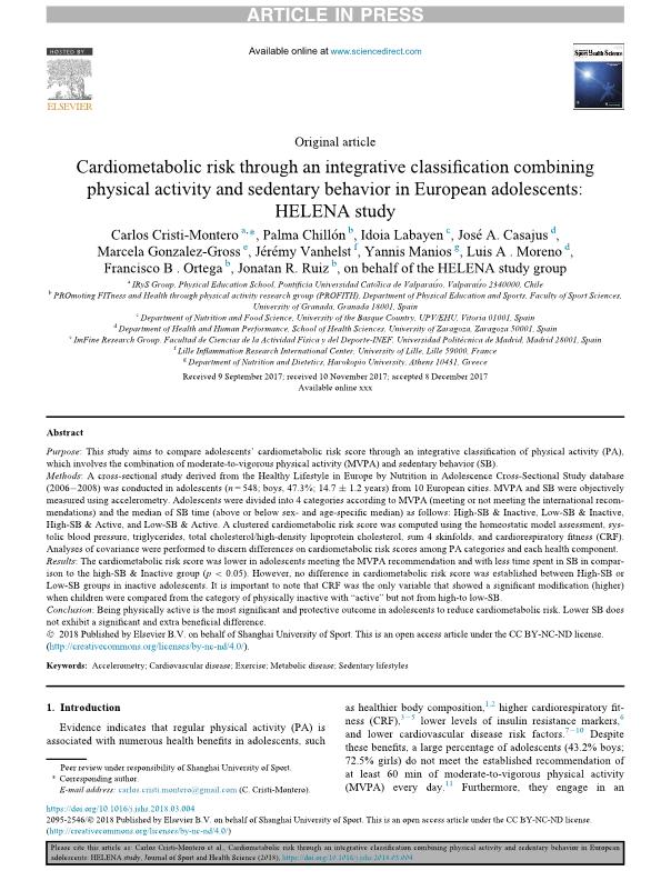 Cardiometabolic risk through an integrative classification combining physical activity and sedentary behavior in European adolescents: HELENA study