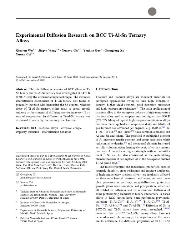 Experimental Diffusion Research on BCC Ti-Al-Sn Ternary Alloys