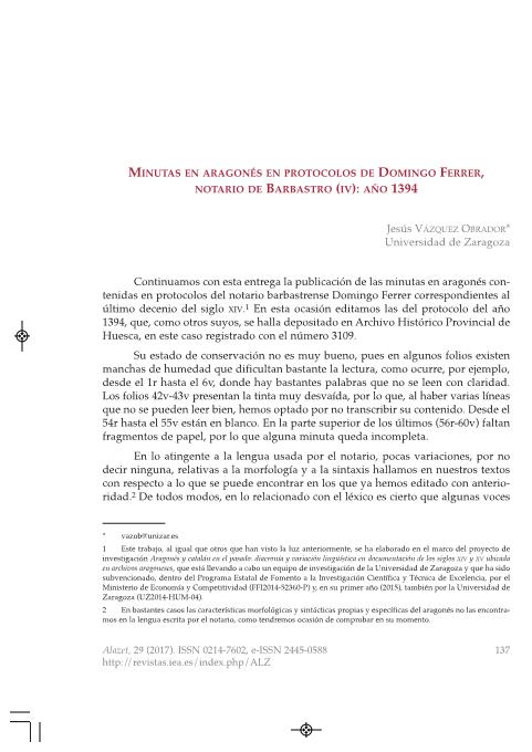 Minutas en aragonés en protocolos de Domingo Ferrer, notario de Barbastro (IV): año 1394