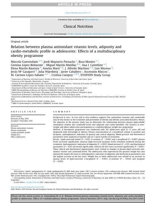 Relation between plasma antioxidant vitamin levels, adiposity and cardio-metabolic profile in adolescents: Effects of a multidisciplinary obesity programme