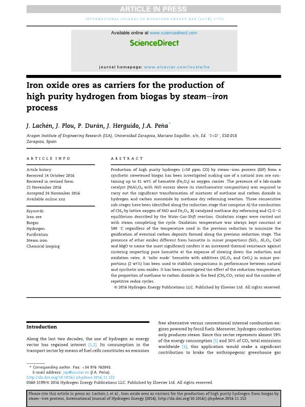 Iron oxide ores as carriers for the production of high purity hydrogen from biogas by steam–iron process