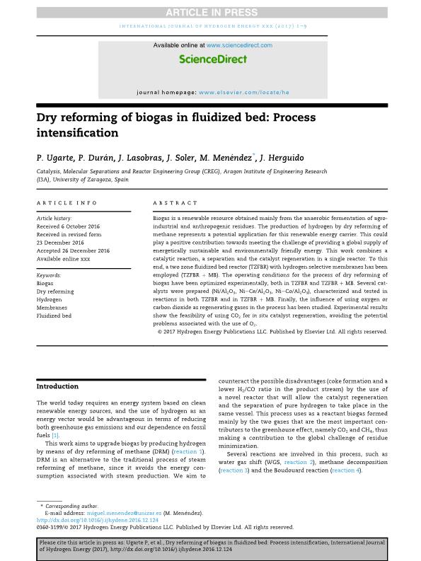 Dry reforming of biogas in fluidized bed: Process intensification