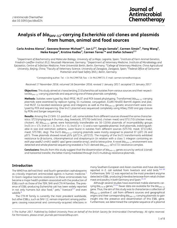 Analysis of blaSHV-12-carrying Escherichia coli clones and plasmids from human, animal and food sources