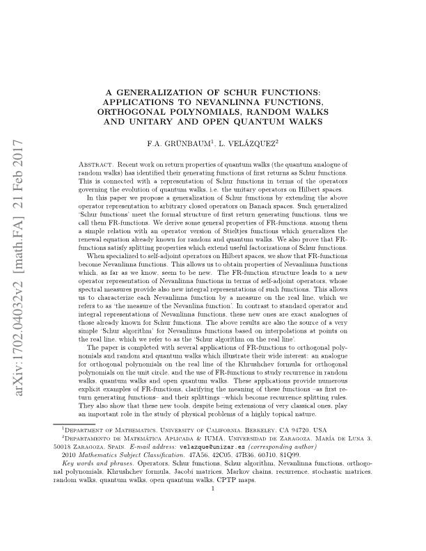 A generalization of Schur functions: Applications to Nevanlinna functions, orthogonal polynomials, random walks and unitary and open quantum walks
