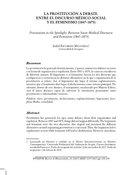 La prostitución a debate. Entre el discurso médico-social y el feminismo (1847-1875)