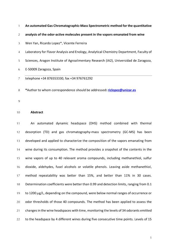 An automated gas chromatographic-mass spectrometric method for the quantitative analysis of the odor-active molecules present in the vapors emanated from wine