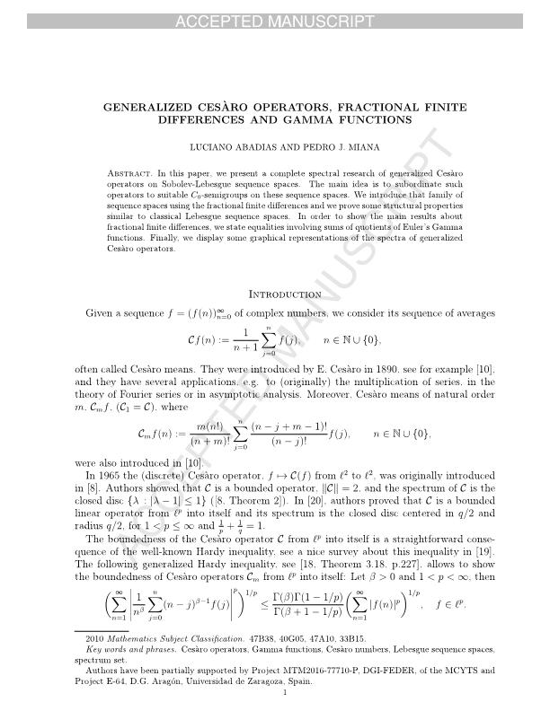 Generalized Cesaro operators, fractional finite differences and Gamma functions