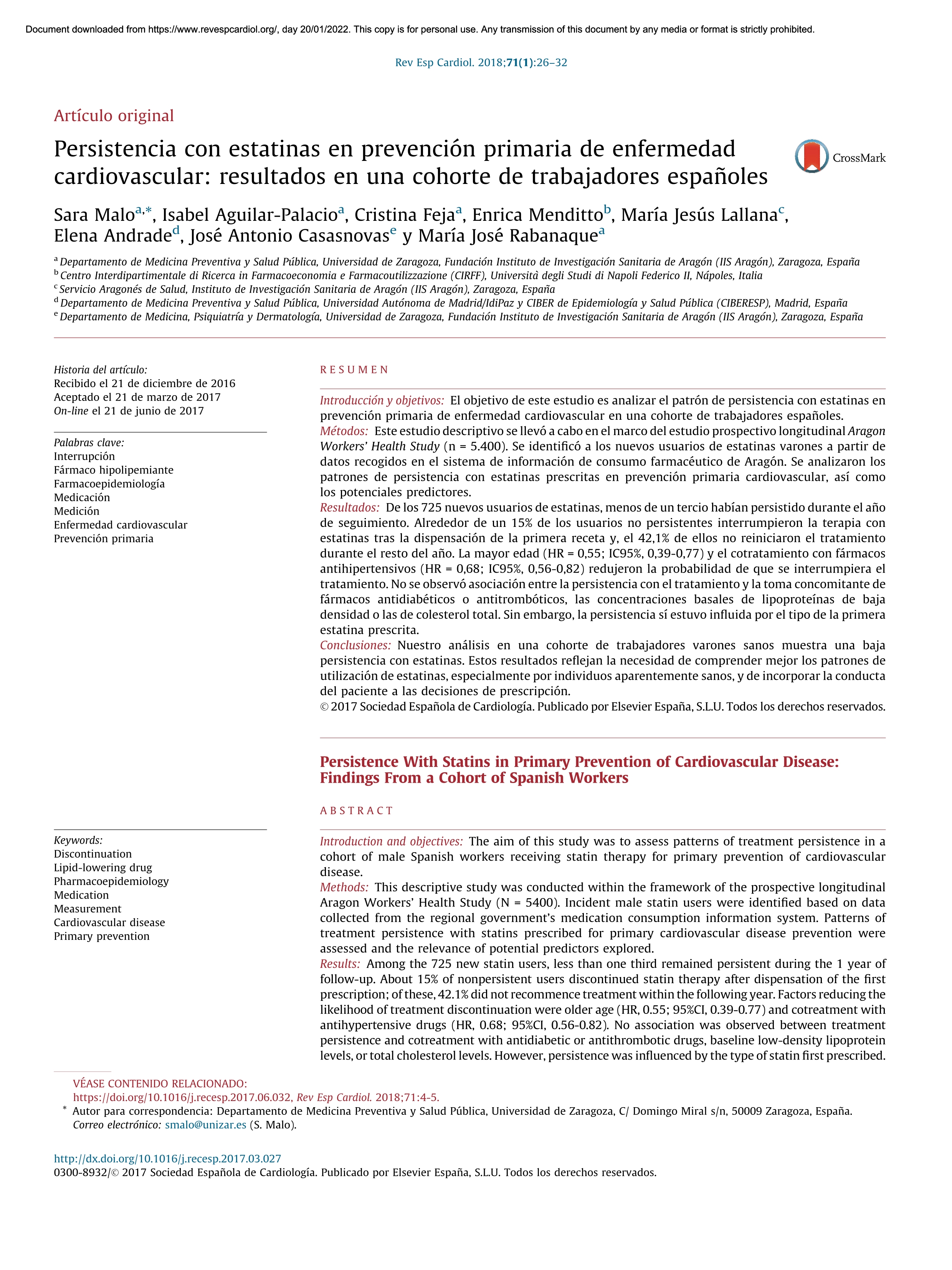 Persistence with statins in primary prevention of cardiovascular disease: findings from a cohort of spanish workers